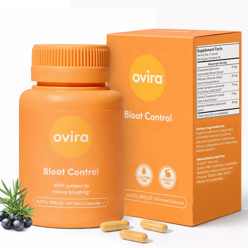 Ovira Bloat Complement avec JUNICLEAR - 60 Capsules pour le gaz et le dégel Relief.