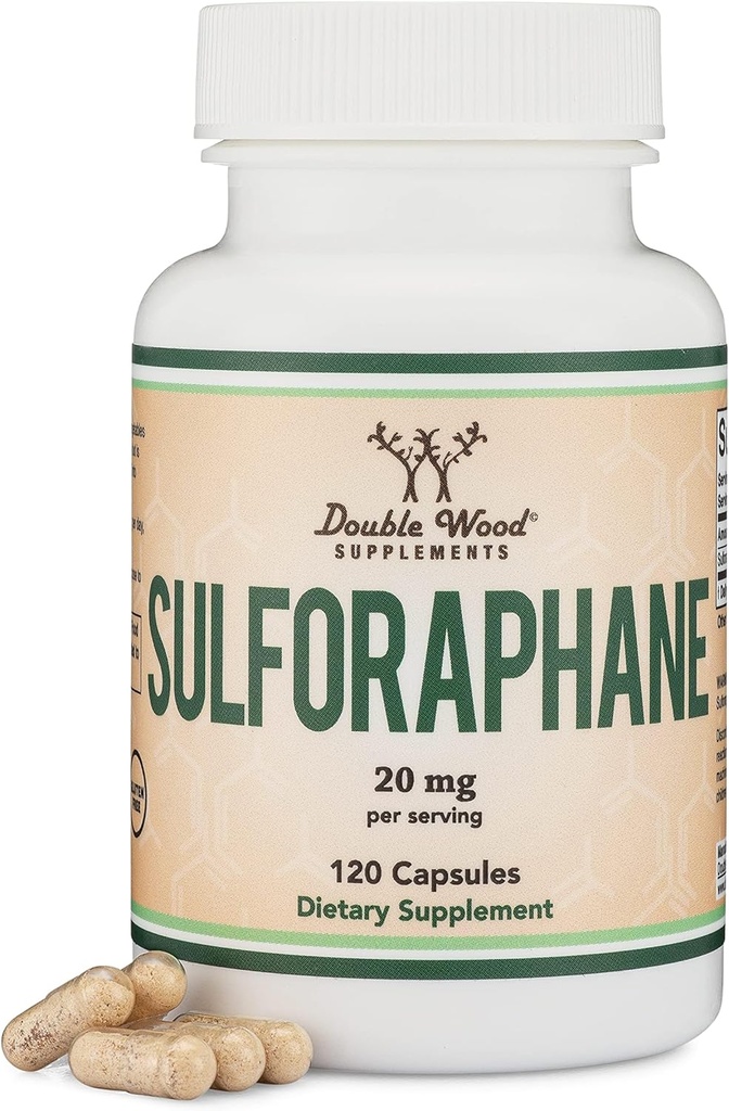 Supplément de sulforaphane - 20 mg de sulforaphane par portion (120 gélules) Extrait de brocoli pour un vieillissement en santé (dérivé des germes de brocoli, sans danger végétalien) par double bois