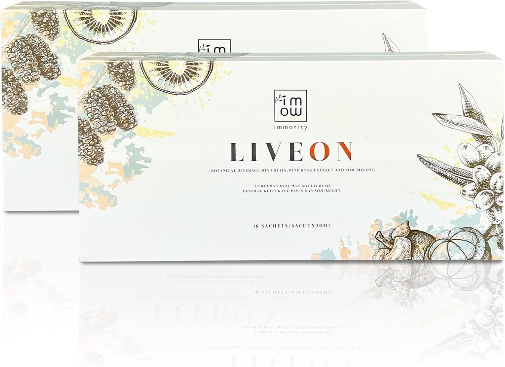 2 Boîtes Immortalité Liveon 100% naturel Extrait de pin Barque Mélange de boissons Fruits [16 sachets x 20ml] – 4X puissant antioxydant signe inverse du vieillissement, des rides et des lignes fines pour soutenir la peau jeune