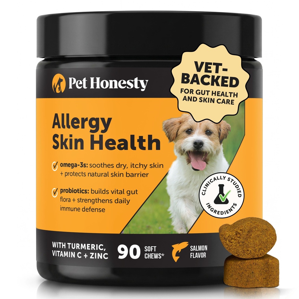 Allergie Santé de la peau – Allergie Démangeaisons Relief & Immune Support Mâcher avec de l'huile de poisson, des probiotiques et de la vitamine E – Aide à réduire l'effusion normale, Soothe Sensitive Peau, et la santé digestive (Salmon Flavor, 90 Ct)