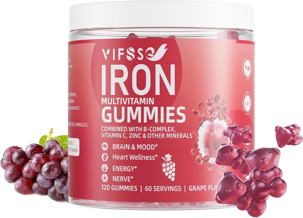 Gommies de fer sans sucre, 120 Gommies Supplément de fer pour les femmes Multivitamine avec fer, vitamines et zinc pour les femmes, les hommes et les enfants- Arôme de raisin, supplément végétalien, Folate pour l'énergie- Pas après le goût
