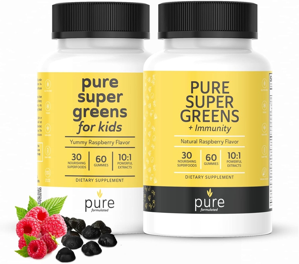 Super Greens Multivitamin Gummies for Kids and Adults - Immune Support and Digestive Supplements - Vitamin A, B, C, E, K - Vegan Chewables with 30 Superfoods (2 Bottles, 60 Count Each)