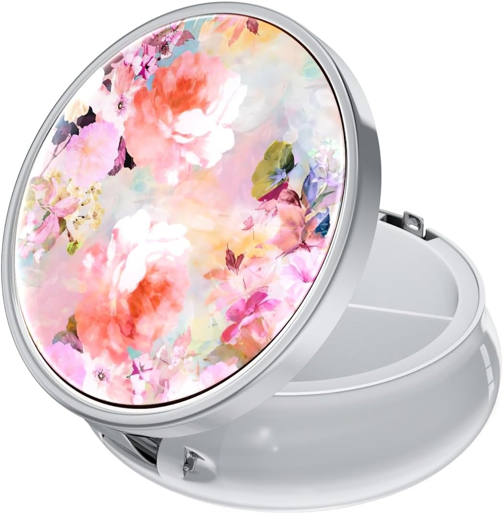 Rouidr Pill Box, 3 Compartment Medicine Pill Case, Small Metal Travel Medicine Box for Purse & Pocket, Silver, Watercolor Flower