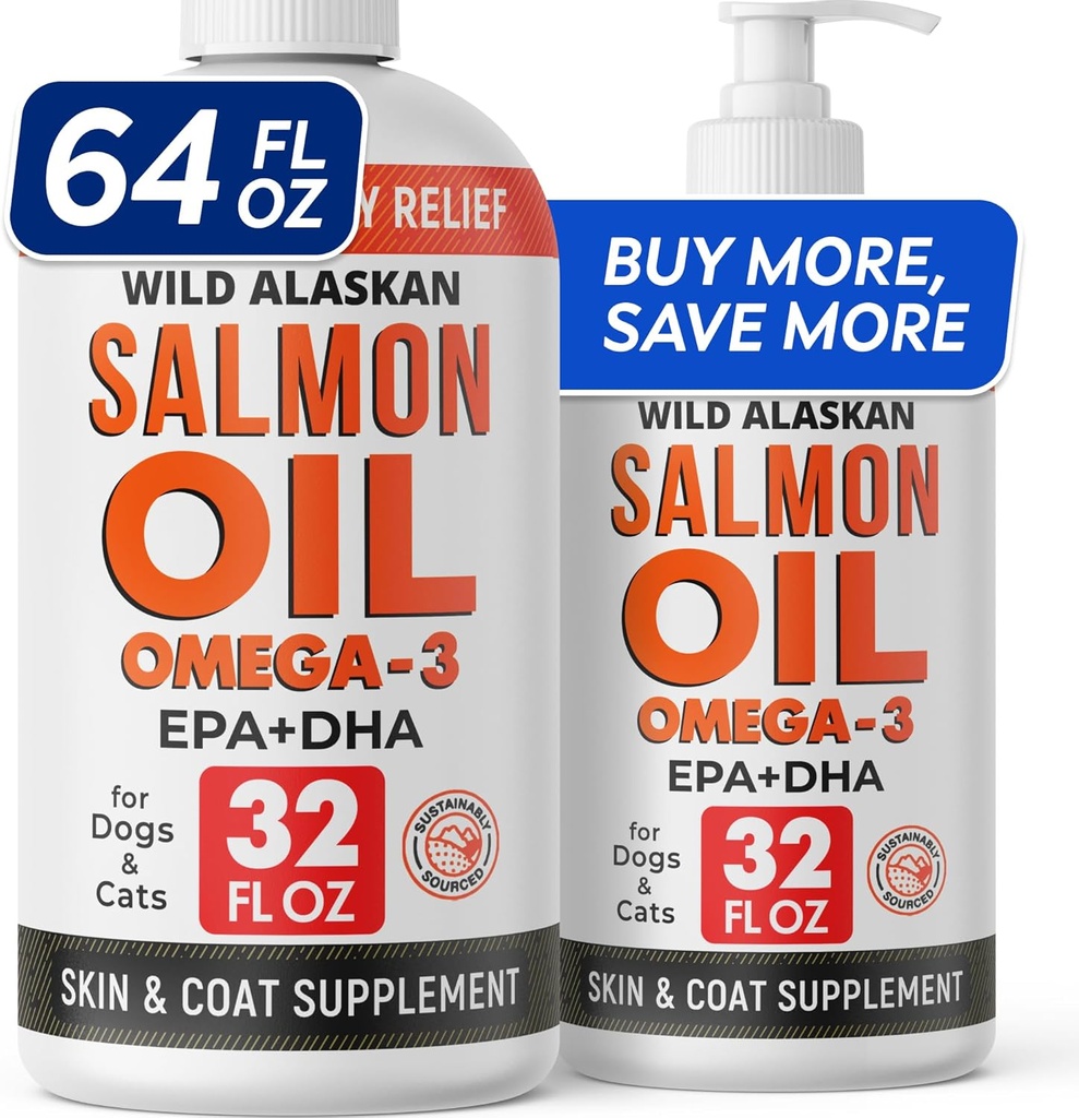 StrellaLab 64 OZ Huile de saumon pour chiens - Omega 3 pour chiens et chats, démangeaisons et allergies, Wild Alaskan Salmon Oil Dogs Skin & Coat, Dog Fish Oil Liquid, Shedding EPA & DHA Fatty Acids - 2Packs