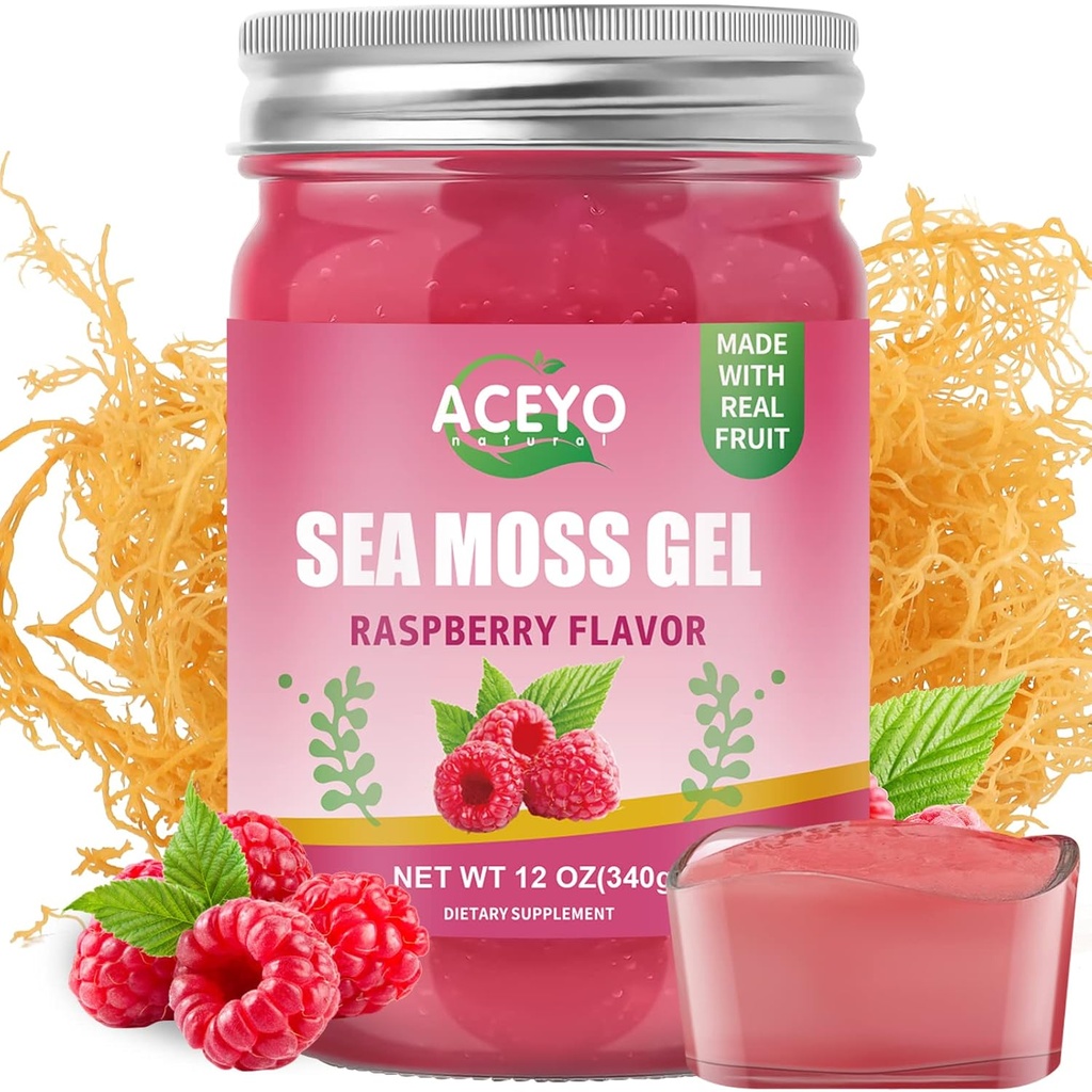 ACEYO (12 OZ) Gel de mousse de mer d'Irlande Bio cru de framboise végétalienne Aromat 102 Vitamines et minéraux Wild Harvested Non-GMO Immune Defense Booster Thyroïde Soutien digestif