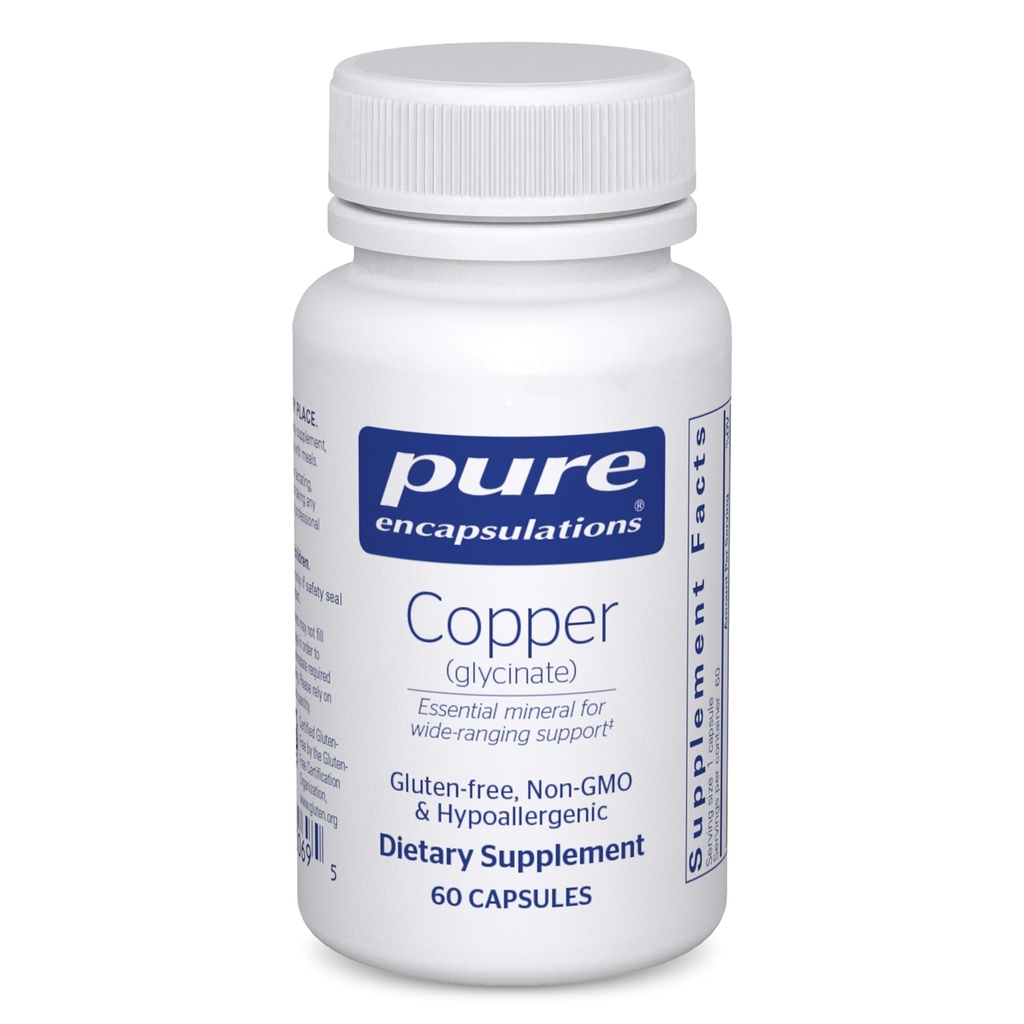 Encapsulations pures Glycinate de cuivre 60's - 2 mg Supplément de cuivre, soutient la formation de globules rouges* - Aide le métabolisme énergétique - Non-OGM et végétalien - 60 capsules