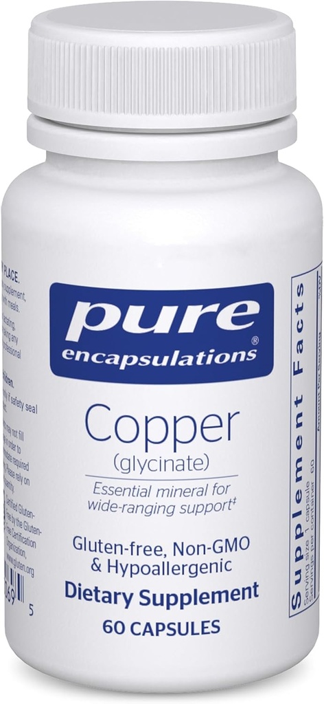 Encapsulations pures Glycinate de cuivre 60's - 2 mg Supplément de cuivre, soutient la formation de globules rouges* - Aide le métabolisme énergétique - Non-OGM et végétalien - 60 capsules