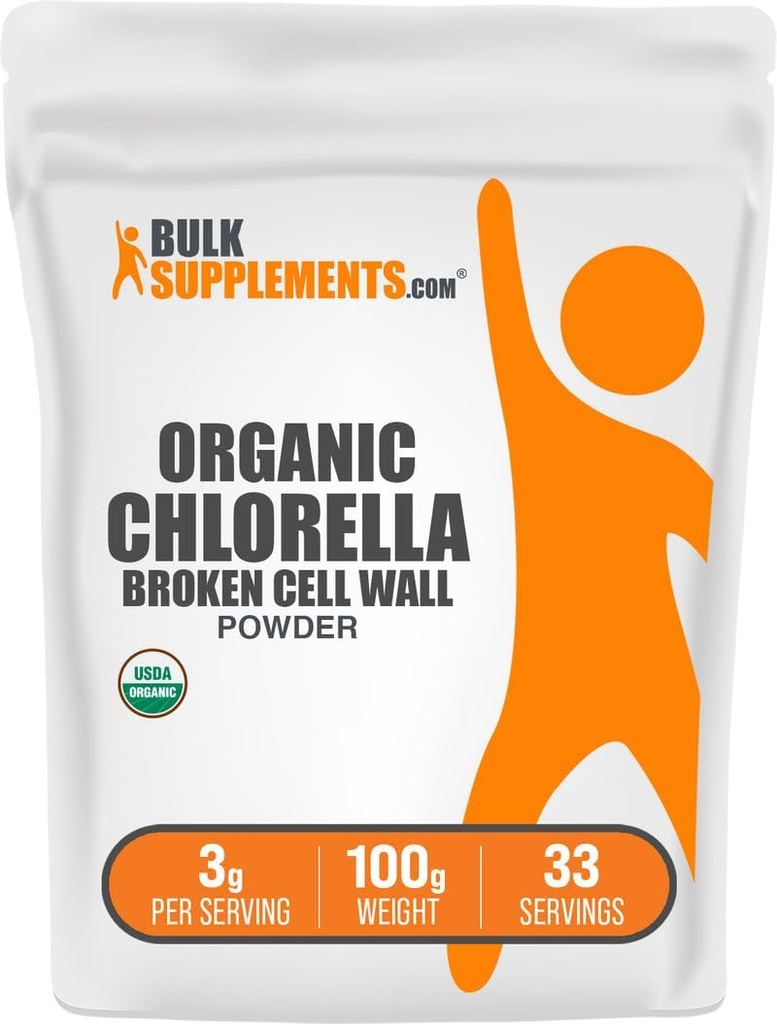 BulkSupplements.com Poudre de Chlorella biologique - Mur de cellules cassées, Poudre de superaliments vert, Supplément de Chlorella - Sans gluten, 3g par portion, 100g (3.5 oz) (paquet de 1)