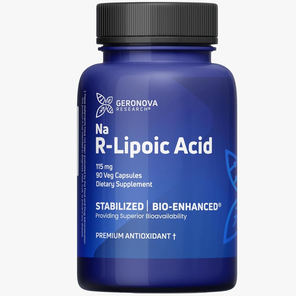 Geronova Recherche Acide R-Lipoïque Bio-Amélioré, 115 mg Capsules - Approvisionnement de 3 mois - Acide R alpha lipoïque stabilisé avec absorption accrue - R Supplément acide lipoïque - 90 Compte