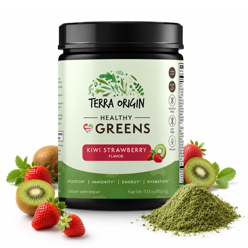 ORIGINE TERRA Mélange de poudres de vert sain, de probiotiques, d'enzymes, de spiruline, de crèmes et de gant digestif Soutien à la santé