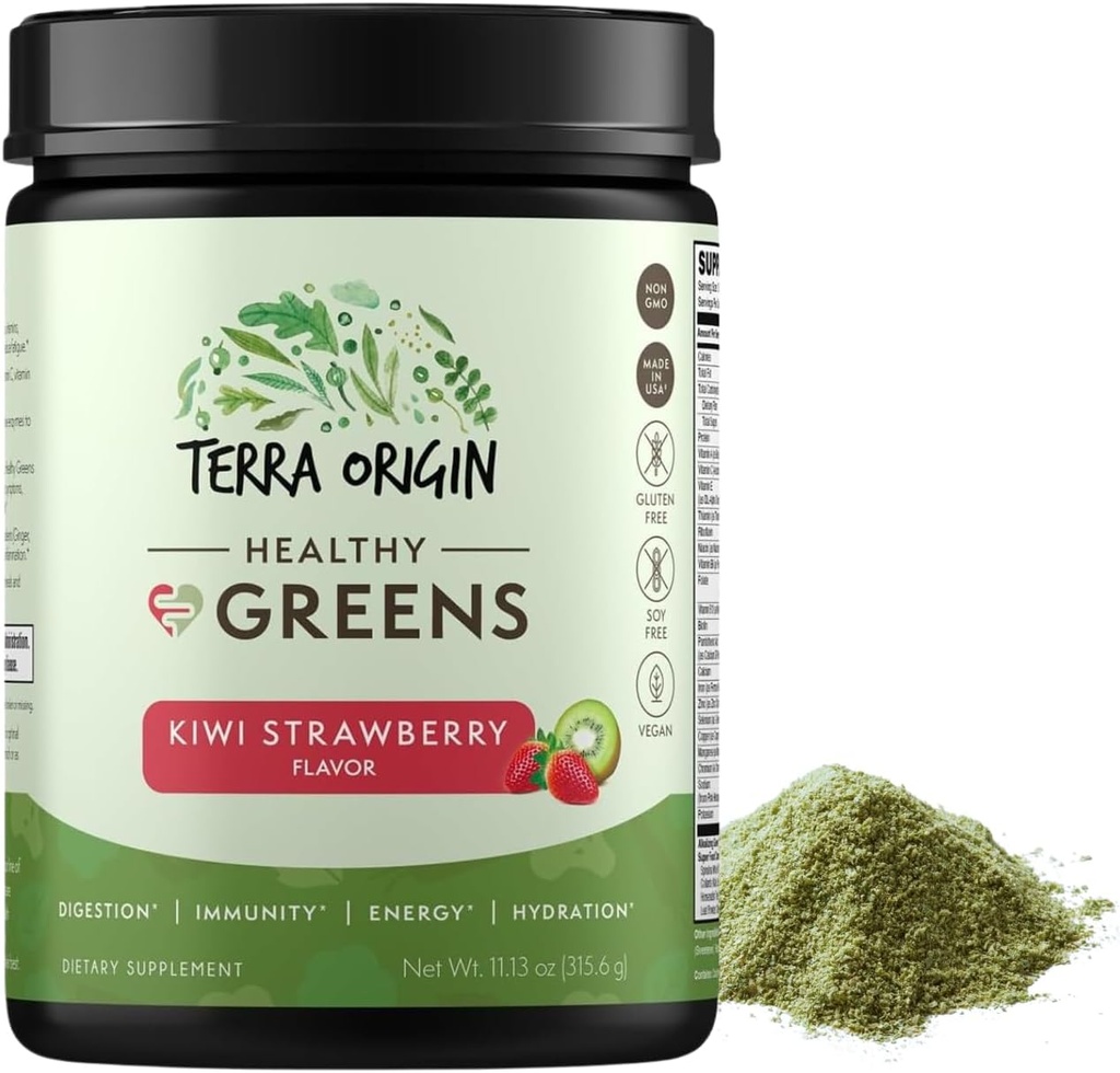 TERRA ORIGIN Healthy Greens Powder Blend | Superfoods, Probiotics, Enzymes, Spirulina | for Immune & Digestive Gut Health Support | Energy & Wellness Boost | 30 Servings (Kiwi Strawberry)