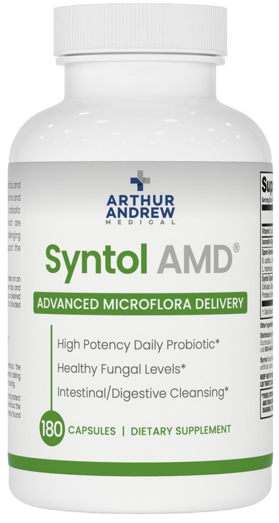 Arthur Andrew Medical, Syntol, formule 3-en-1 avec des probiotiques, des fibres prébiotiques et des polyenzymes nettoyant les levures, 180