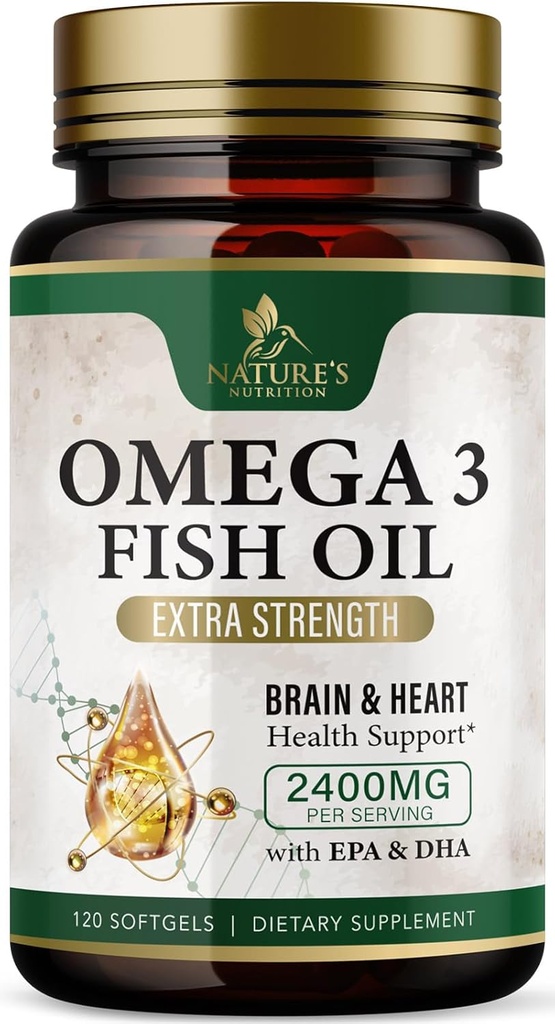 Suppléments d'huile de poisson Omega 3 2400 mg - Triple Strength Omega3 - EPA & DHA avec acides gras essentiels - Immune naturelle, soutien de santé du cerveau et du coeur - Sans Burpless, Saveur de citron, prise sauvage - 120 Softgels