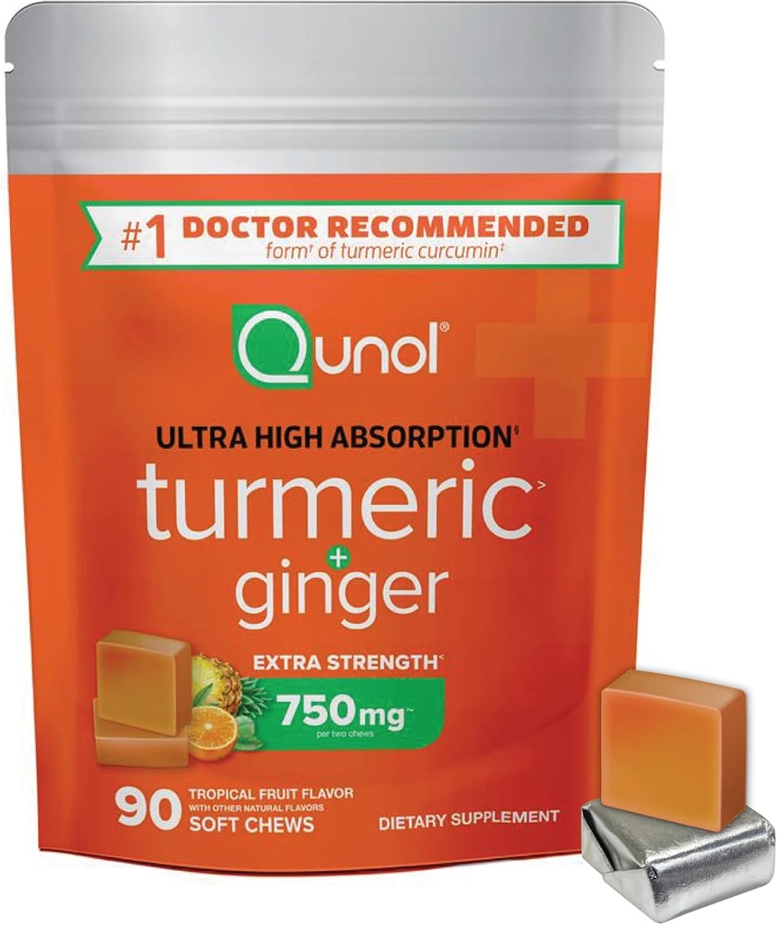 Qunol Turmeric et Ginger Soft Chews, 750mg Supplément Turmeric, Absorption ultra élevée pour soutenir la santé conjointe, 90 Compte