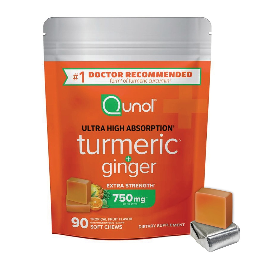 Qunol Turmeric et Ginger Soft Chews, 750mg Supplément Turmeric, Absorption ultra élevée pour soutenir la santé conjointe, 90 Compte