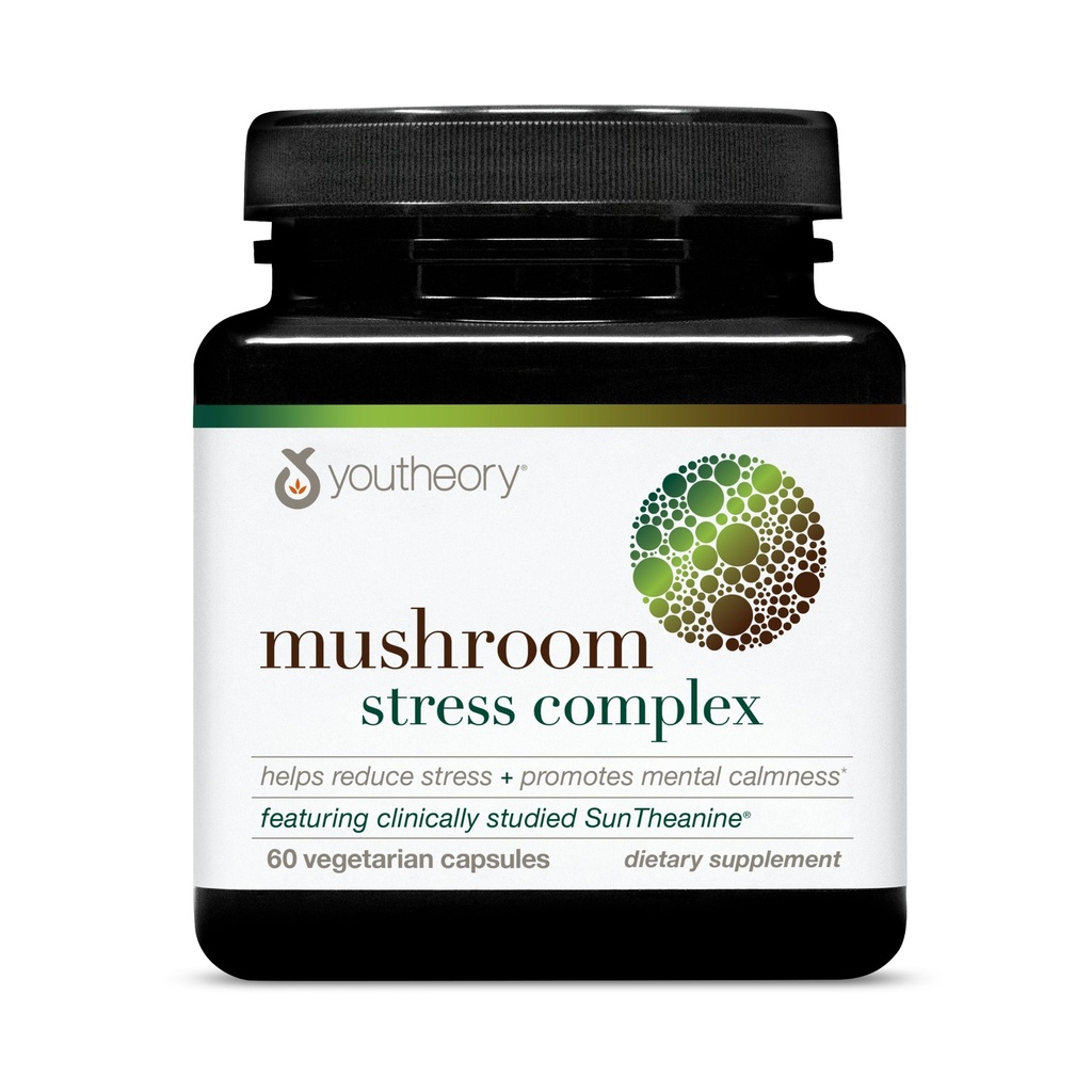 Youtheory Mushroom Stress Complex, Mushrrom bio plein spectre avec L-Theanine, aide à réduire le stress et favorise le calme mental, 60 capsules végétariennes