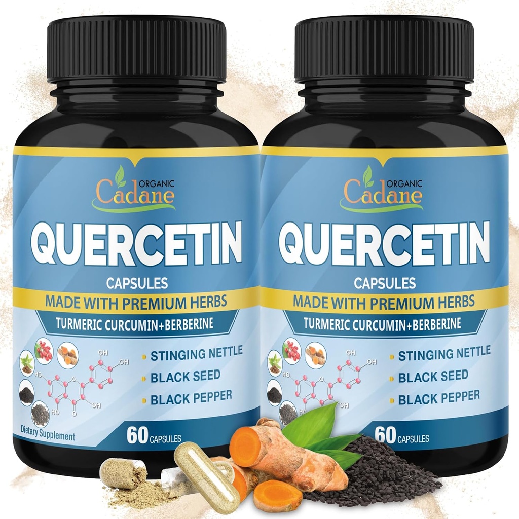 Organic Cadane 2 Packs Suppléments Quercetin Capsules, 4 mois d'approvisionnement avec curcuma, berbère, bouteille, graine noire, poivre noir - soutient la santé cardiovasculaire, système immunitaire