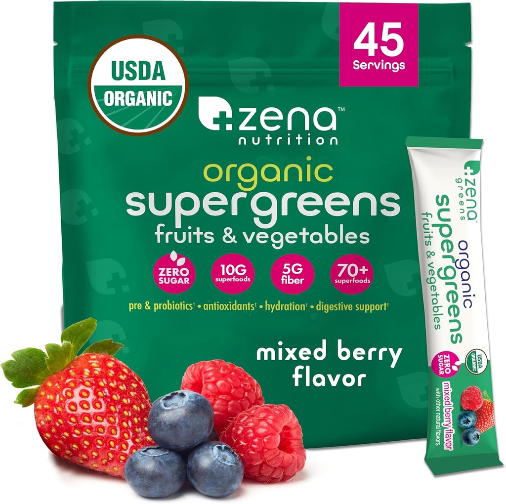 Zena Nutrition Bio Super Greens Poudre, 70+ Superfoods, 0 Sucre, Fibre de 5G, Spiruline, Chlorella, Antioxydants, Prébiotiques/Probiotiques, Enzymes digestifs, Berry mélangé, 45 paquets de boissons