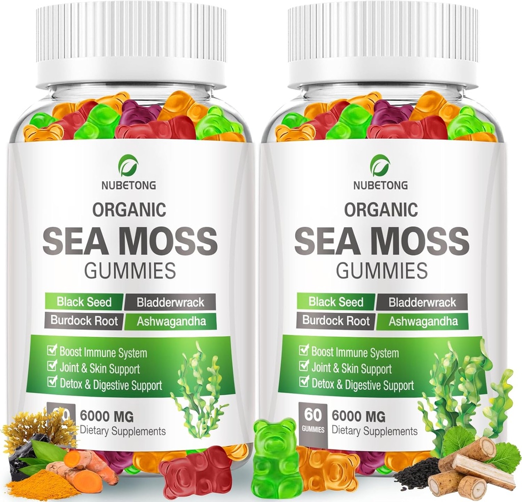 NUBETONG Irish Sea Moss Gummies 6000 mg avec Bladderwrack et Burdock Root - Supplément naturel irlandais pour la thyroid, l'énergie, le soutien immunitaire - Extra Strength, Great Tasting - sans gluten, végétalien
