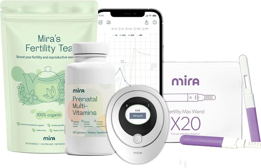 Trousse Mira Grossesse pour essayer de concevoir, kit de fertilité numérique et d'ovulation avec 20 baguettes de test Max, 1 bouteille de multivitamines prénatales de Mira (60 capsules), et 1 sac de thé de fertilité (20 sachets de thé)