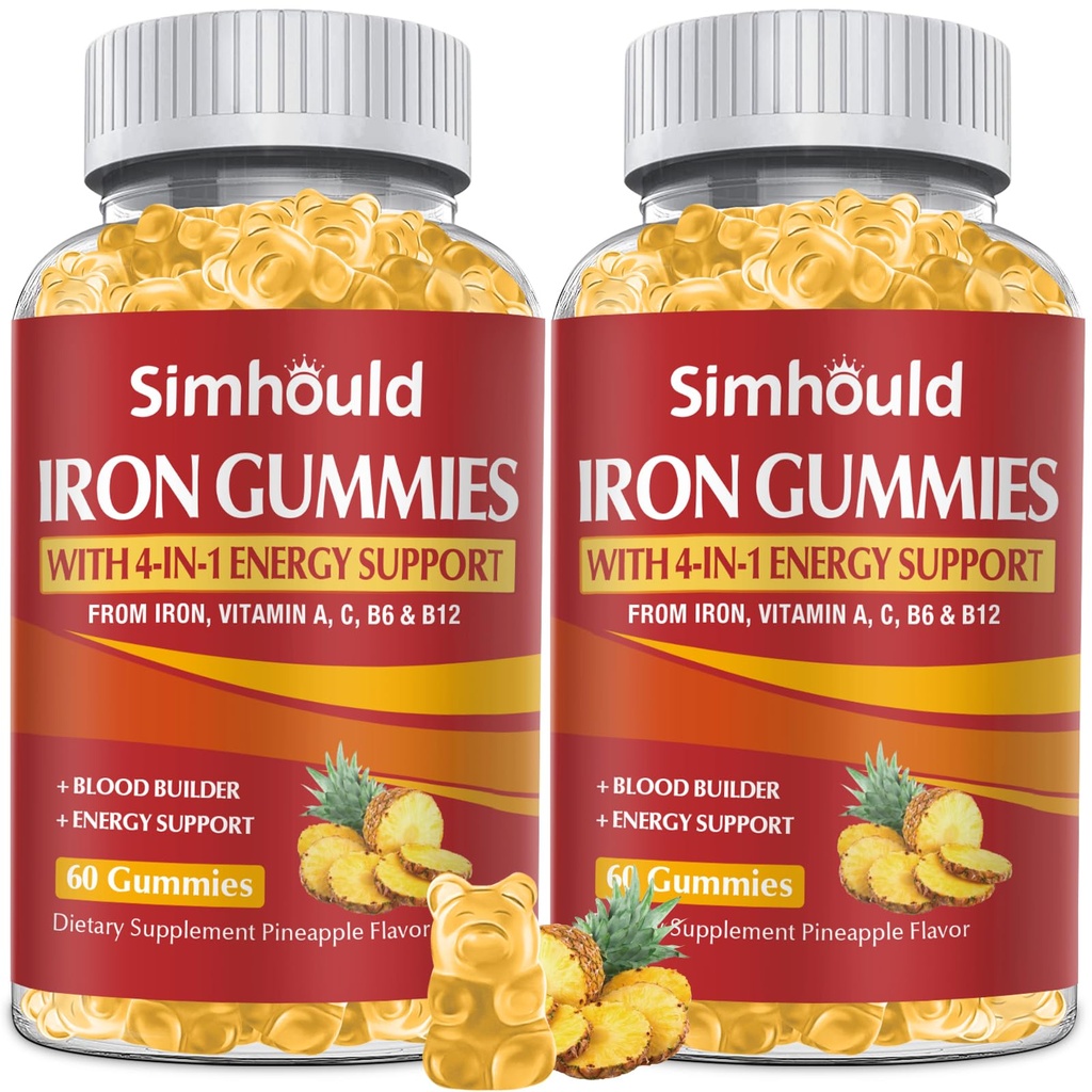 2 Pack Vegan 80MG Gommies supplémentaires en fer pour les femmes et les hommes - Vitamine A, C, B pour les adultes et les enfants - Blood & Builder & Energy Support for Iron Deficiency, Anemia, 120 comtes ananas Flameurs