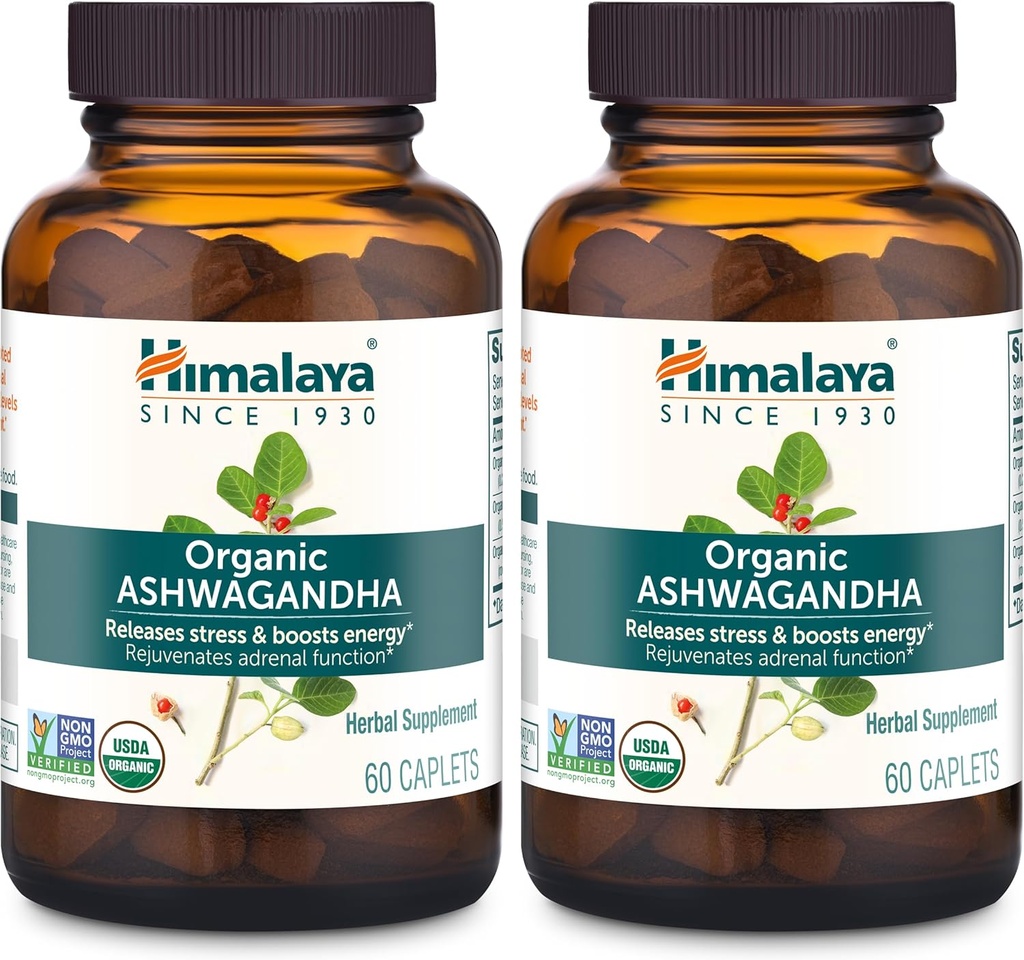 Himalaya Ashwagandha biologique, 120 jours d'approvisionnement, supplément à base de plantes pour le soulagement du stress, soutien énergétique, insomnie occasionnelle, USDA biologique, non-OGM, végétalien, sans gluten, 670 mg, 60 capsules, 2 paquets