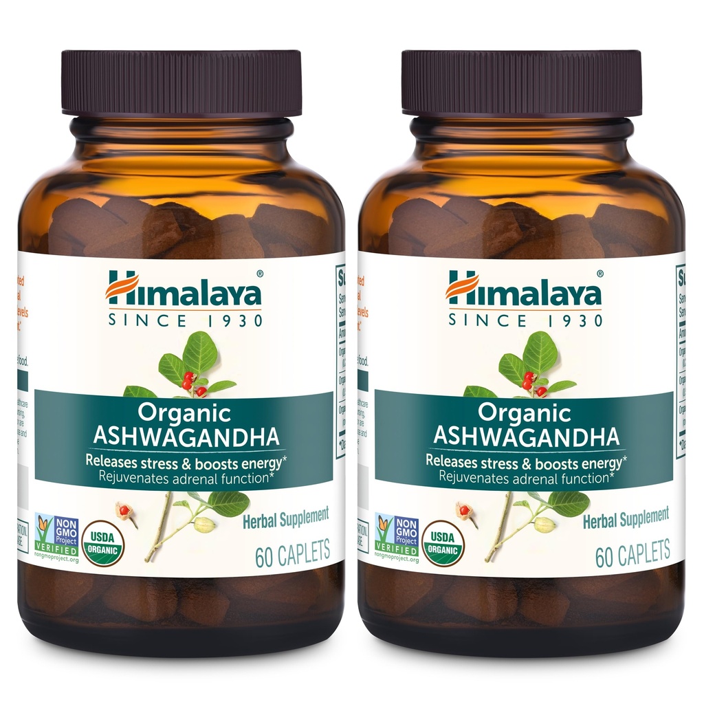 Himalaya Ashwagandha biologique, 120 jours d'approvisionnement, supplément à base de plantes pour le soulagement du stress, soutien énergétique, insomnie occasionnelle, USDA biologique, non-OGM, végétalien, sans gluten, 670 mg, 60 capsules, 2 paquets
