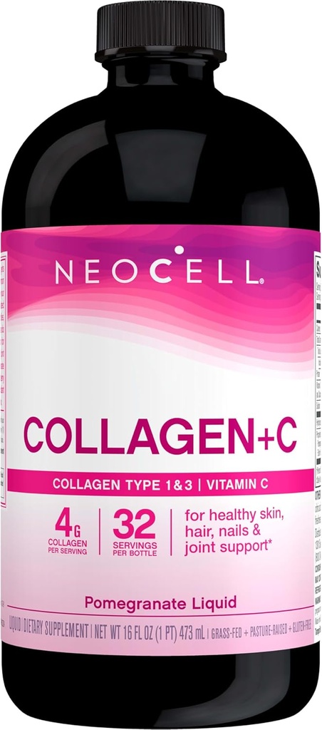 NeoCell Collagen Peptides + Vitamine C Liquide, 4g Collagène par portion, sans gluten, types 1 et 3, favorise une peau saine, cheveux, ongles et soutien articulaire, grenade, 16 Oz