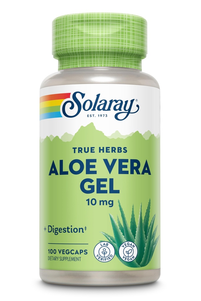 SOLARAY Aloe Vera Gel Concentrate 200X - Équivalent à 2000mg Gel frais, Aloe Vera Capsules avec Ginger, Peppermint et Persley, Herbal Wellness Support, Vegan, Non-OGM, Garantie de 60 jours, 100 portions