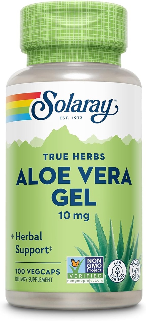 SOLARAY Aloe Vera Gel Concentrate 200X - Équivalent à 2000mg Gel frais, Aloe Vera Capsules avec Ginger, Peppermint et Persley, Herbal Wellness Support, Vegan, Non-OGM, Garantie de 60 jours, 100 portions