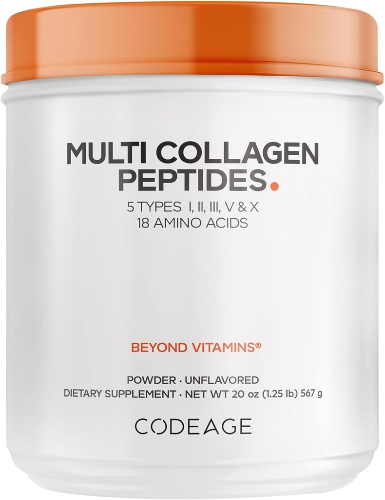 Codeage Peptides en poudre de protéines multicollagènes, Collagène hydrolysé pour les femmes et les hommes, Suppléments de collagène, Broth à os d'herbe, 2 mois d'approvisionnement, non aromatisé, Type 1, 2, 3, 5 et 10, Non-OGM - 20 OZ