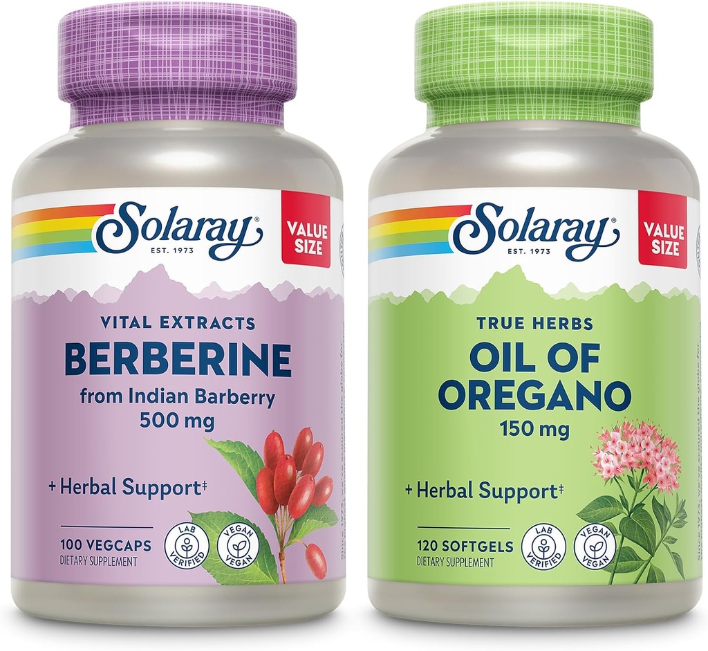 SOLARAY Berberine and Oil of Oregano Bundle - Berberine HCl from Indian Barberry Plus Oregano Oil Supplement for Powerful Wellness Support - 100 VegCaps/120 Softgels
