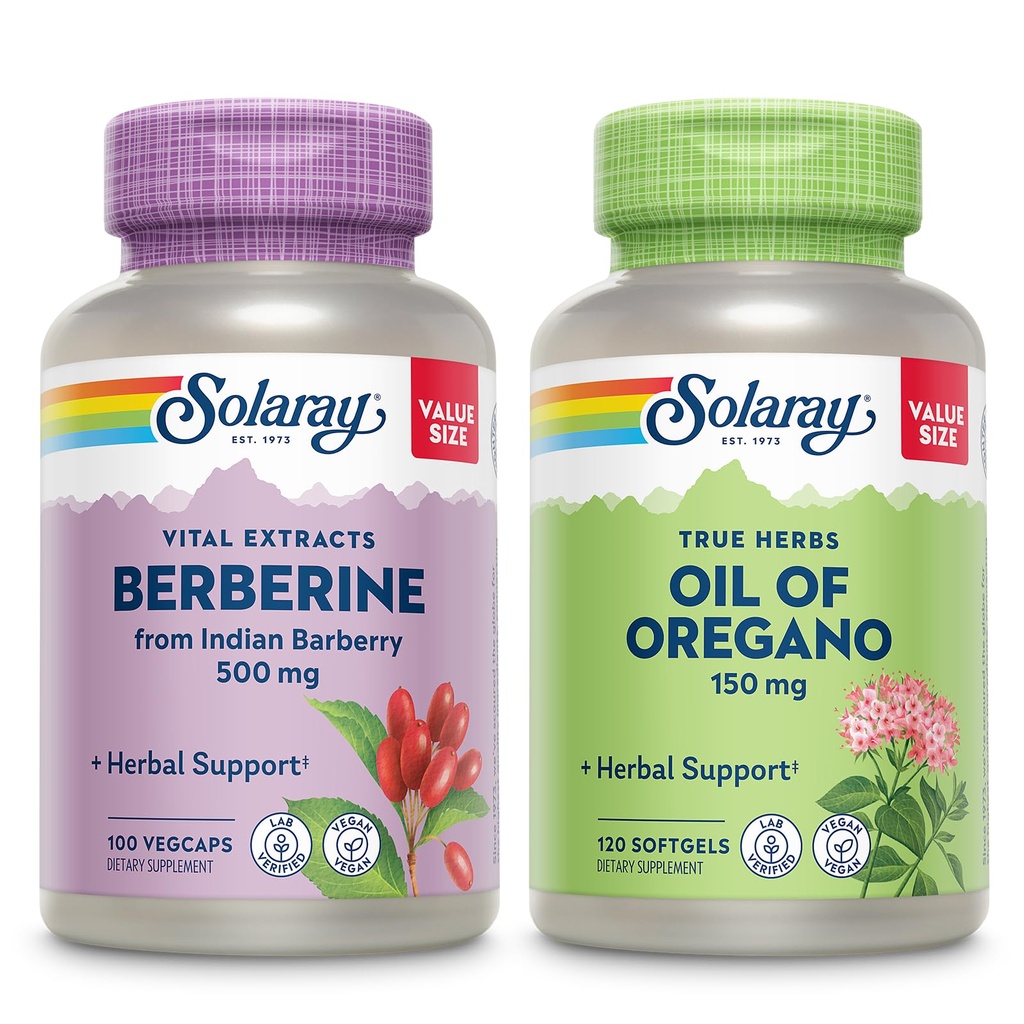 SOLARAY Berberine et huile d'Oregano Bundle - Berberine HCl de l'Indian Barberry Plus supplément huile d'Oregano pour un puissant soutien au bien-être - 100 VegCaps/120 Softgels