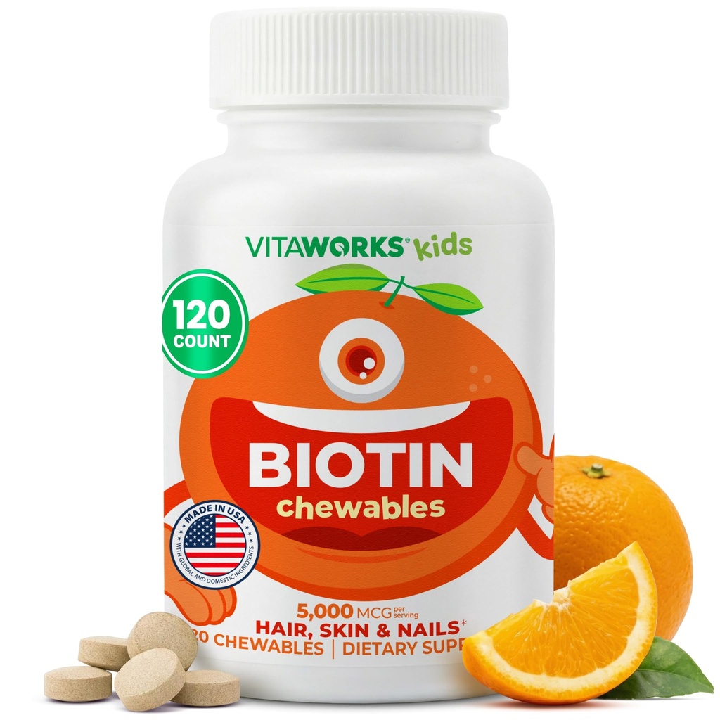Kids Biotin 5000mcg Comprimés à croquer" Taste Biotin Supplément végétalien, non OGM, croissance des cheveux, peau et ongles