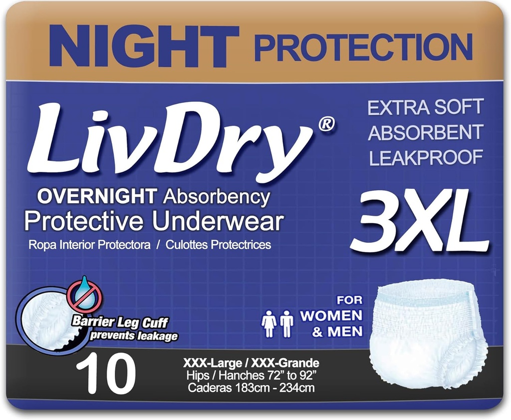 Sous-vêtements d'incontinence pour adultes LivDry, Absorbence confort nocturne, Protection contre les fuites (XXX-Grand (10 comtes))