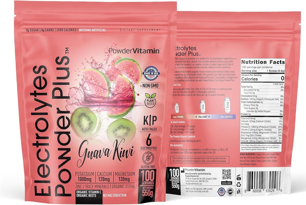 PoudreVitamine Electrolytes Poudre Plus (100 portions) Guava Kiwi Electrolyte Poudre, Zéro Calorie, Keto, 0 Sucre, Pas de Maltodextrine, 1000mg Potassium, 120mg Calcium, 120mg Magnésium, Poudre d'hydratation
