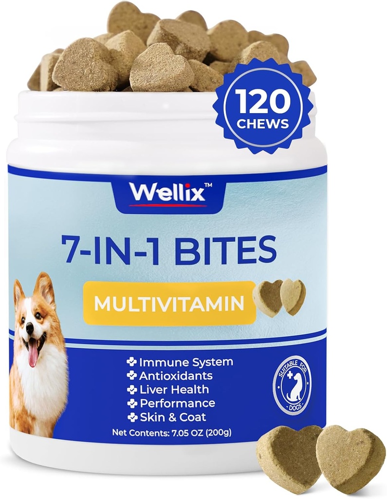 Wellix Vitamines et suppléments pour chiens - Multivitamines à croquer pour chiens, peau et manteau, support de mobilité, supplément pour hanche et articulations, système immunitaire et santé globale(120 Chews)