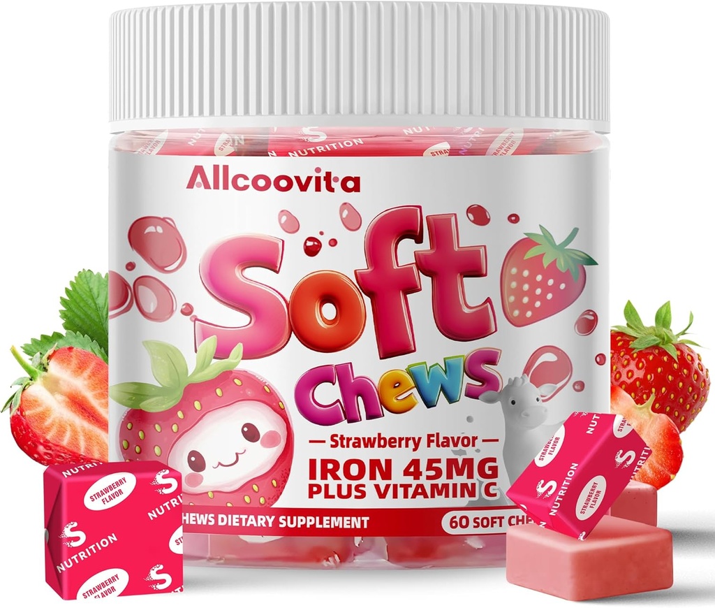 Iron Soft Chews Supplement with Vitamin C | Strawberry Flavored | Gluten Free | Iron Supplement for Women Men and Kids | 60 Count | 2 Month Supply