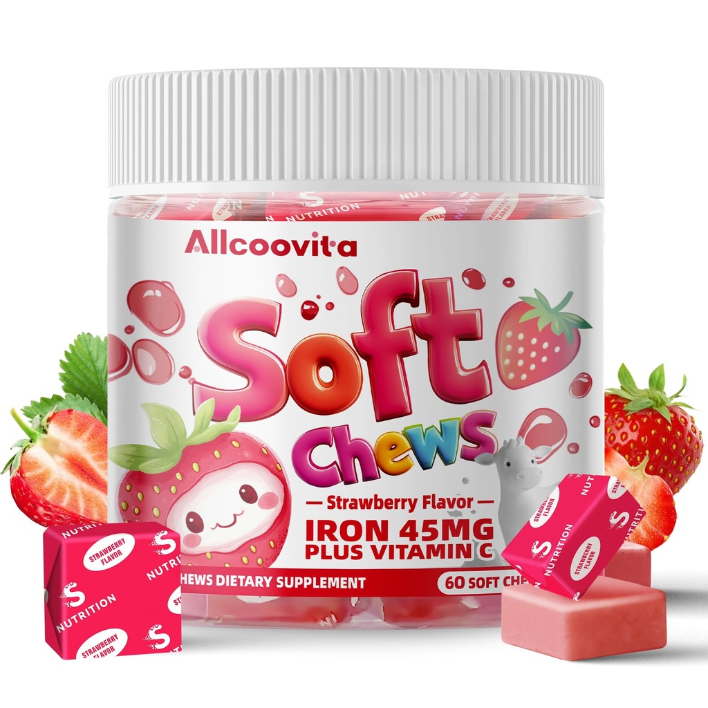 Supplément en fer doux à mâcher avec vitamine C. Fraise aromatisée.