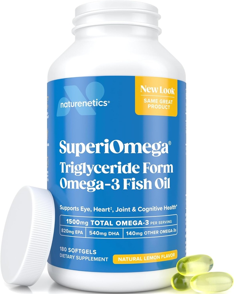 Triglycéride Omega 3 Huile de poisson – Haute EPA et DHA pour le soutien des yeux, des articulations, du coeur et du cerveau – Acides gras Omega-3 - Saveur de citron – 180 Softgels – 90 jours d'approvisionnement