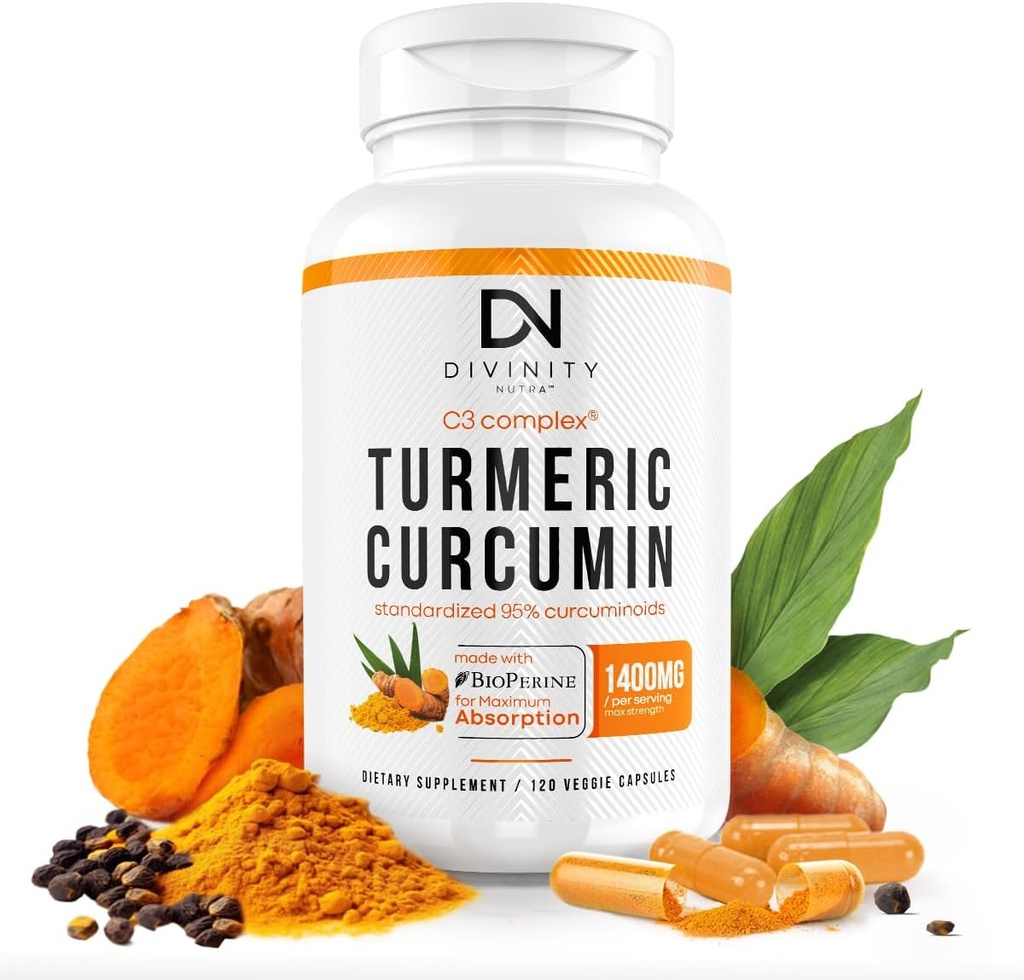 Curcumine curcumine avec Pepper Noir BioPerine 1400mg, Support GLP-1 Naturellement, Supplément Turcuma Max Absorption pour le soutien conjoint avec 95 % de Curcuminoides Standardisés Complexe C3, Non OGM, 120 Capsules