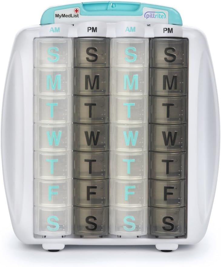Médicament et supplément Organisateur Pillbox, 3 3⁄4 en x 7 en - 28 jours Trieur de médicaments - ASF et ASH admissibles – Distributeur mensuel de médicaments - Facile à remplir - Titulaire de pilule de 4 semaines - Voyage amical