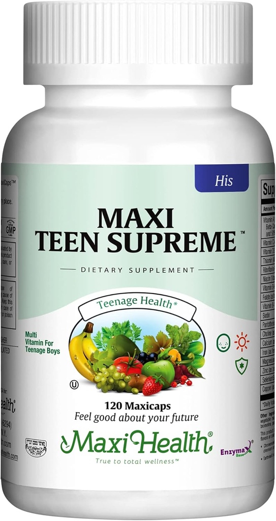 Maxi Health Multivitamine pour lui – Garçons Vitamines pour les 12-17 ans Adolescents Suprêmes – Hommes Multivitamine pour l'énergie, le boost immunitaire, le corps et le cerveau comprend D3, fer, calcium, enzymes digestives (120 comte)