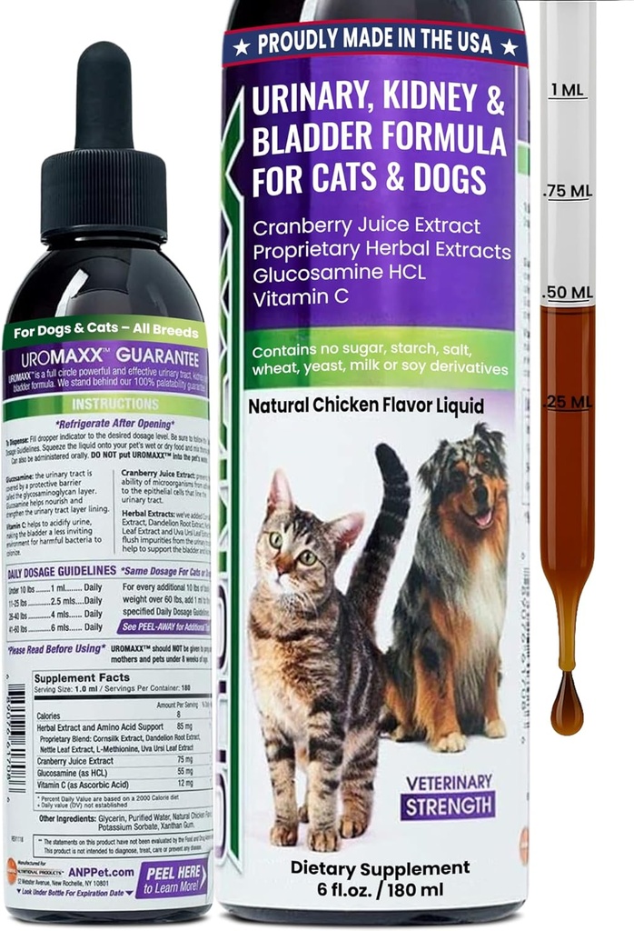 Cat & Dog Traitement du trac urinaire, support pour chiens et chats, soins puissants mais doux pour animaux de compagnie, avec canneberge liquide et glucosamine, goût de poulet, bouteille de 6 oz, 1 paquet