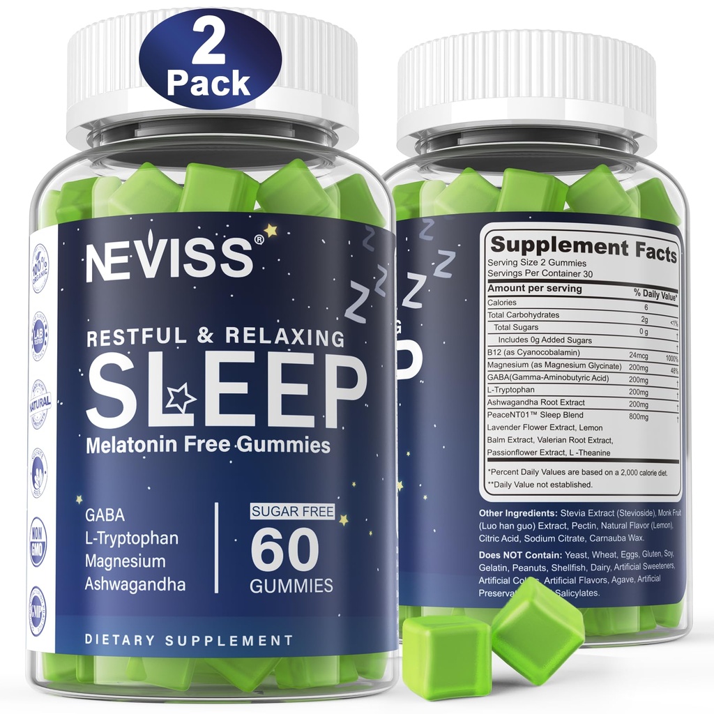 NEVISS Gommies sans mélatonine d'aide au sommeil pour adultes - Magnésium Glycinate Gommies de GABA, L-Tryptophane, Magnésium, Ashwagandha - Non-Habit Former, Aide pour la relaxation profonde - Vegan, Lemon Flavor, 2Pack