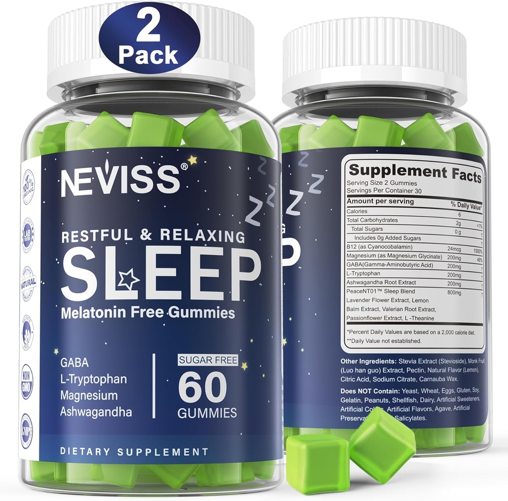 NEVISS Gommies sans mélatonine d'aide au sommeil pour adultes - Magnésium Glycinate Gommies de GABA, L-Tryptophane, Magnésium, Ashwagandha - Non-Habit Former, Aide pour la relaxation profonde - Vegan, Lemon Flavor, 2Pack