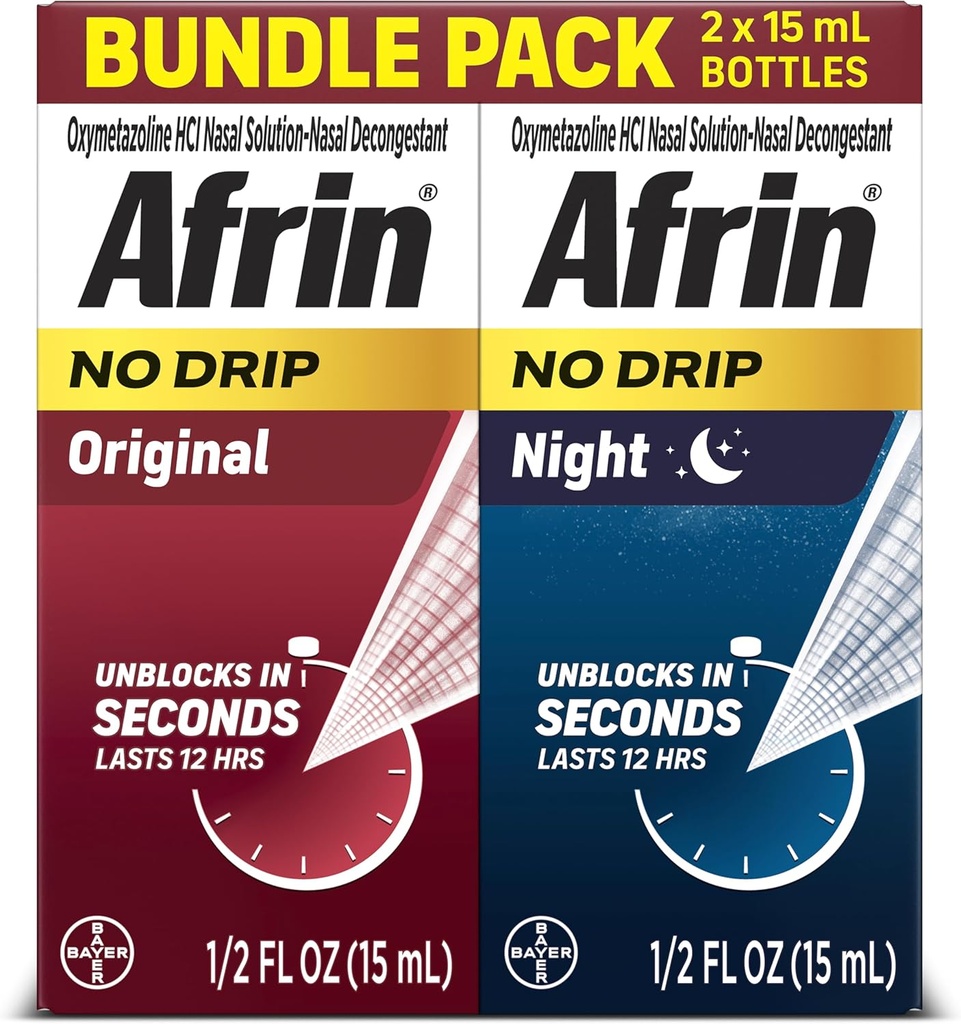 Afrin No Drip Original + Night Nasal Mist Pack, Non-Drowsy, Dognages à action rapide pour la congestion nasale et le soulagement de la pression sinusale, Adultes et enfants 6 et plus, .5 fl oz (Pack de 2)