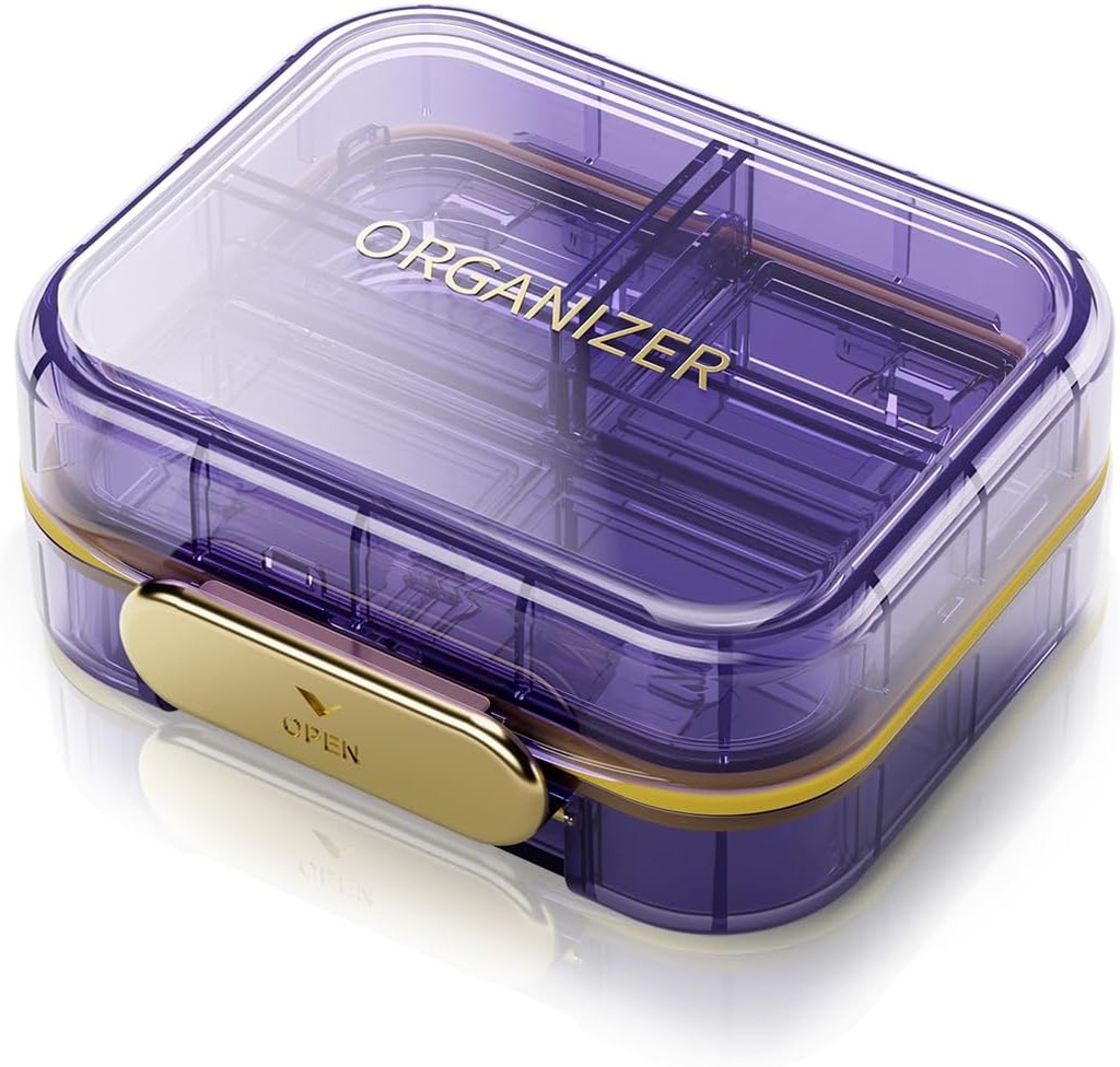 Organisateur de pilules de voyage portatives avec 7 compartiments - Perfect Weekly Pill Case Waterproof Pill Box pour les vitamines quotidiennes et la médecine, petit contenant de pilule pour la purse de poche (Purple)