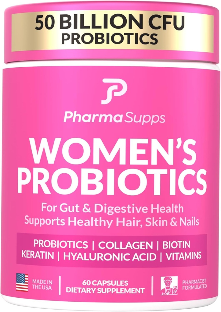 Probiotiques avancés pour la santé des femmes avec les cheveux, la peau et les ongles Soutien Vitamines - 50 milliards CFU avec/collagène, biotine et kératine - Supplément probiotique pour la santé digestive et le soulagement du blottis.