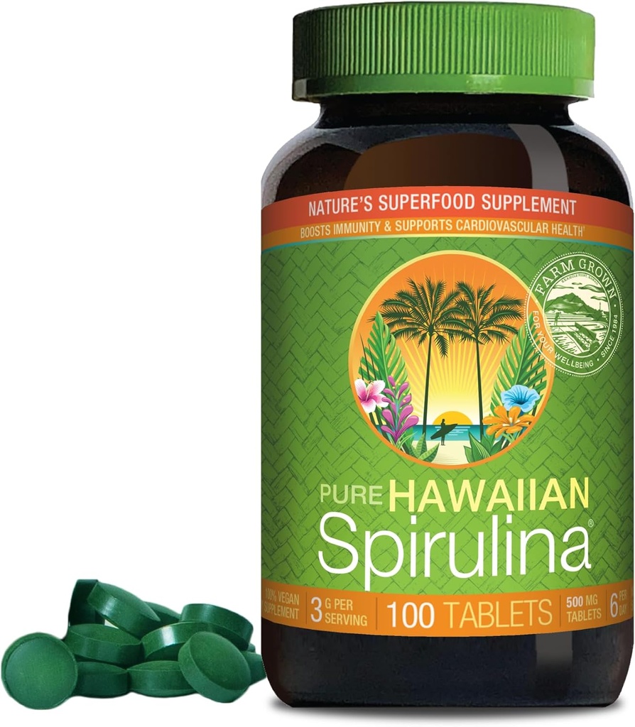 Nutrex Hawaï, Pure Hawaïan Spiruline 500 mg, végétalien, soutient le système immunitaire, le cœur, les cellules et l'énergie, 100 comprimés
